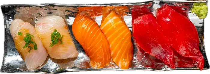 Yellowtail, salmon and bluefin tuna nigiri